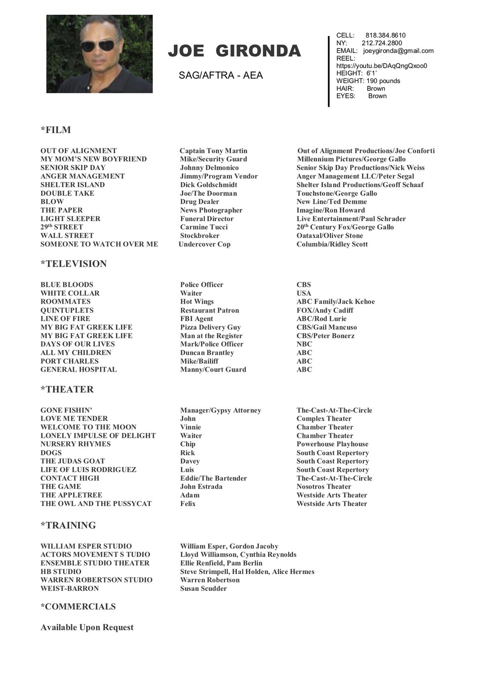 Joe Gironda — acting resume