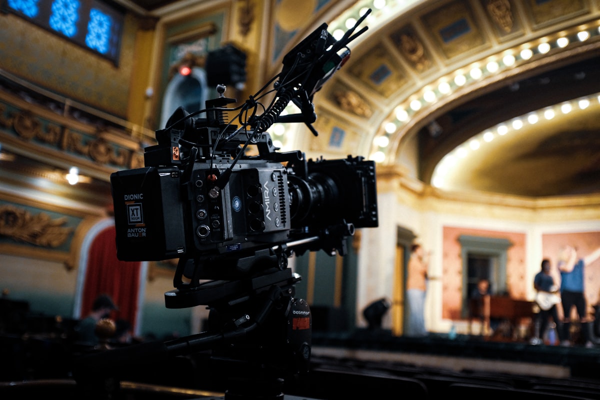 Cinema camera on a dark film set