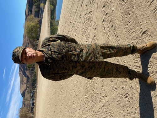 Joe Gironda in a Marine uniform on set
